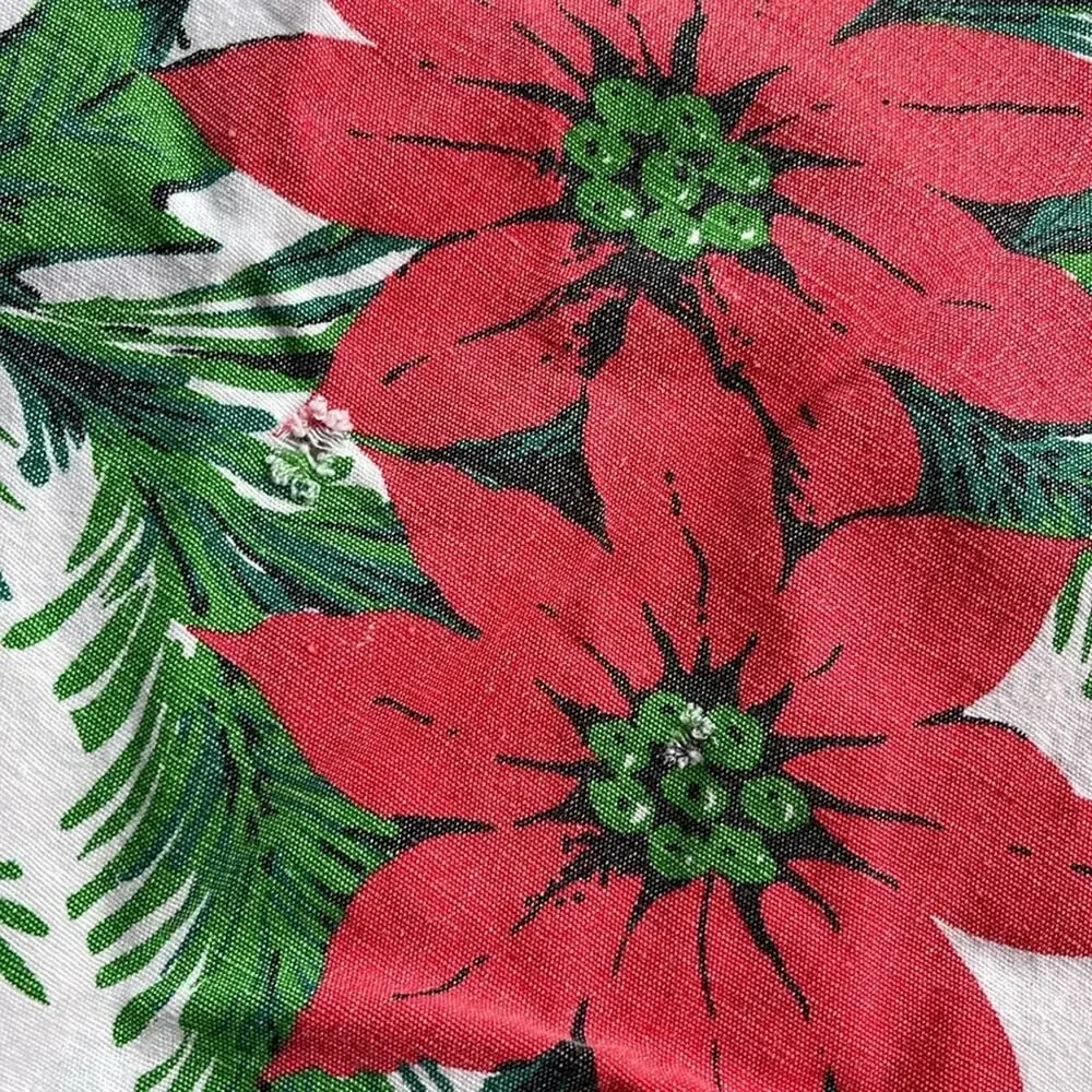 Vintage MCM Poinsettia print fringe hem oval Christmas holiday tablecloth